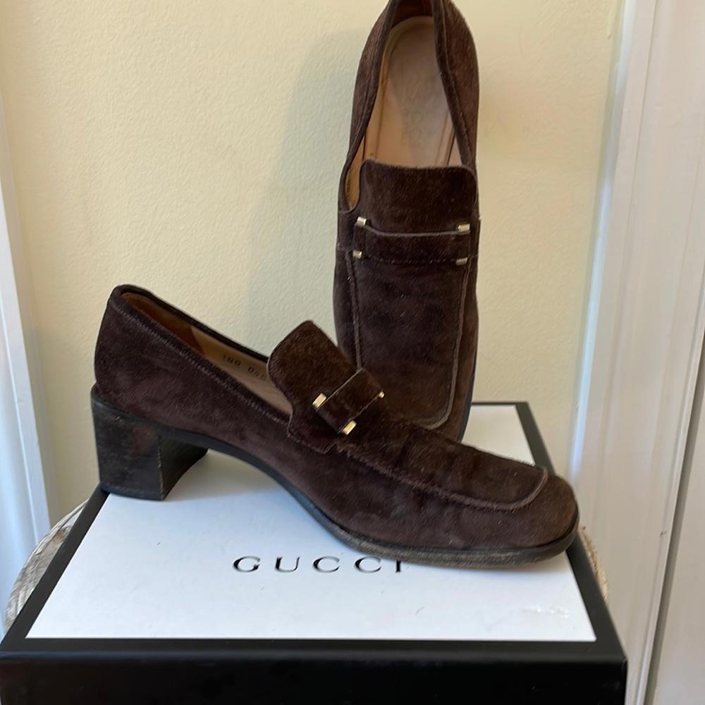 Gucci vintage block heel loafer brown suede size 8